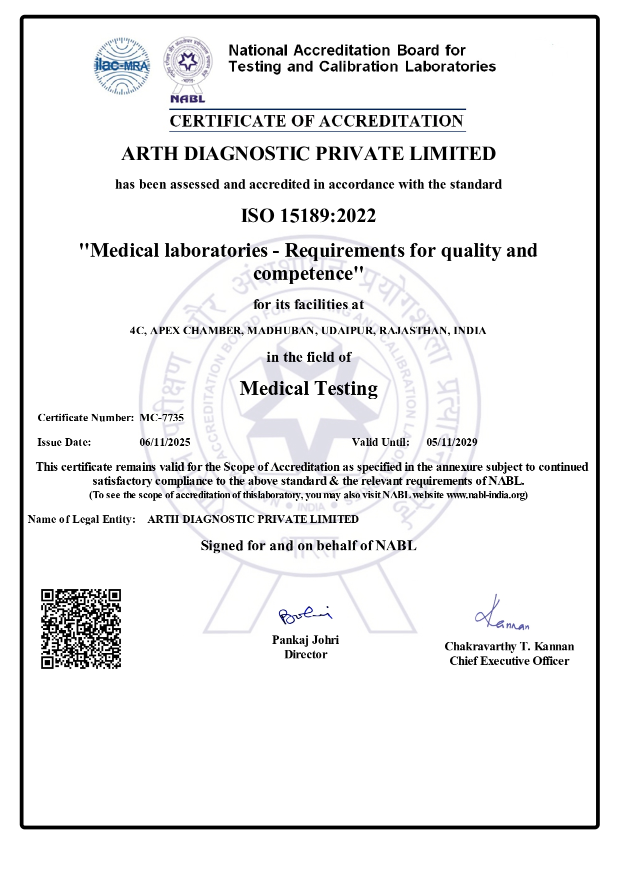 NABL ISO 15189:2022 accreditation certificate of Arth Diagnostic Private Limited for medical laboratory testing