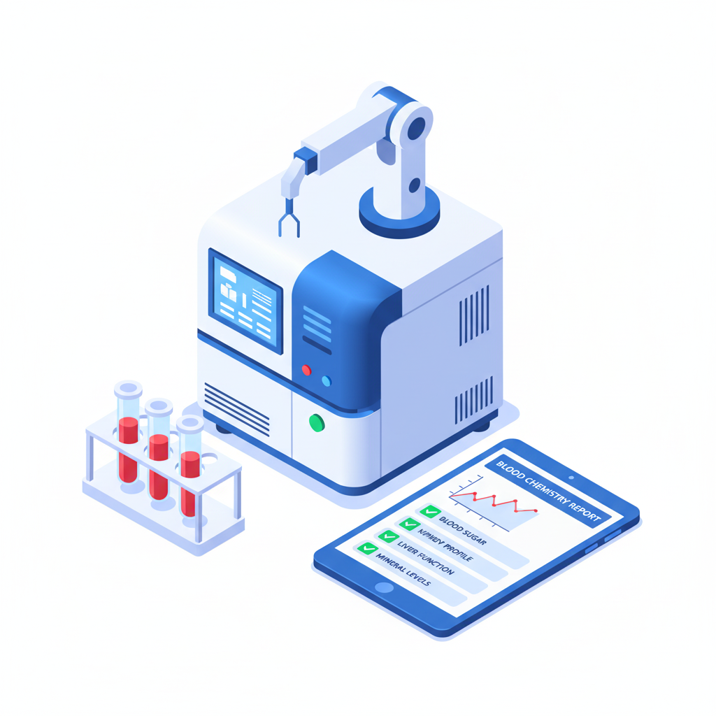 Biochemistry analyzer used for blood test evaluation at a top pathology lab in Udaipur.
