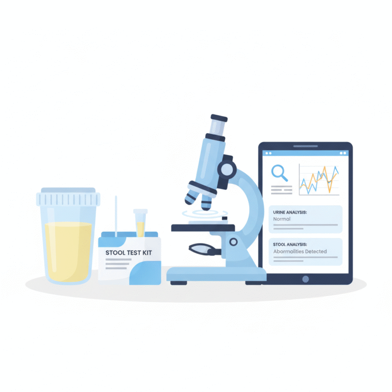 Clinical pathology testing illustration showing sample jars, a microscope, and diagnostic reports used at the best pathology lab in Udaipur.
