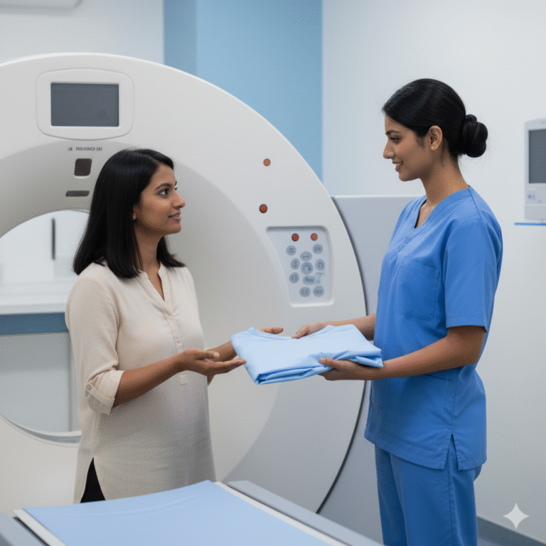 Patient receiving instructions about wearing comfortable clothes for CT Scan in Udaipur