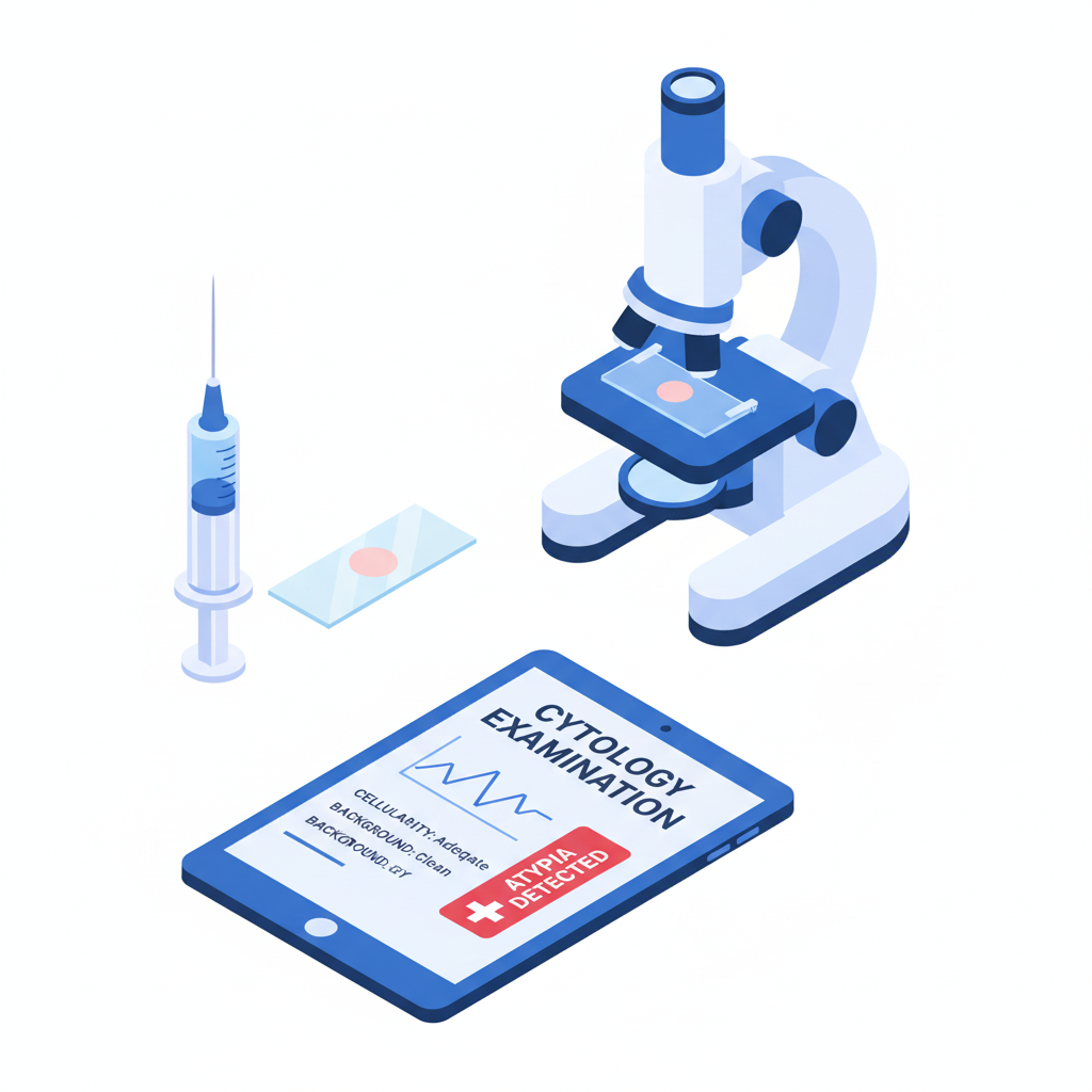 Microscope and cytology examination report at a pathology lab in Udaipur for advanced cell analysis.