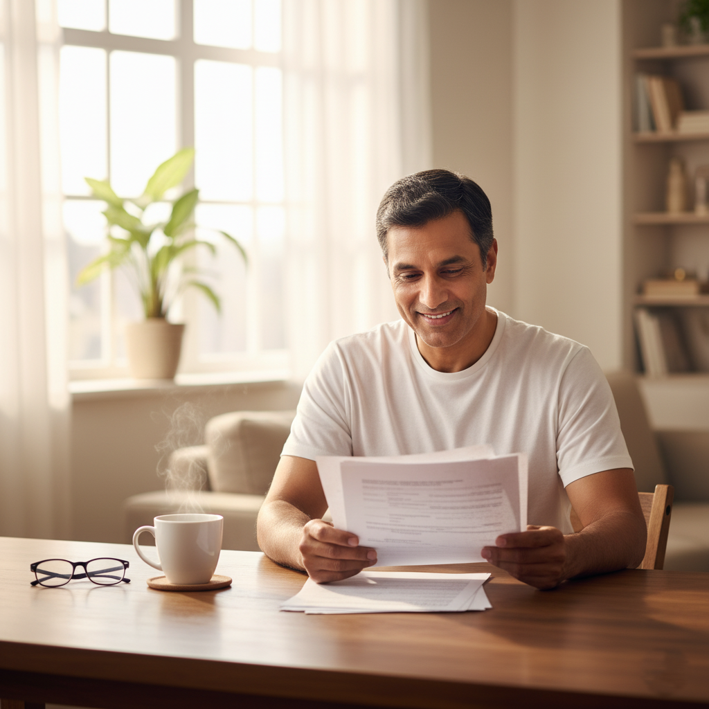 Patient reviewing medical test report after home blood collection in Udaipur.