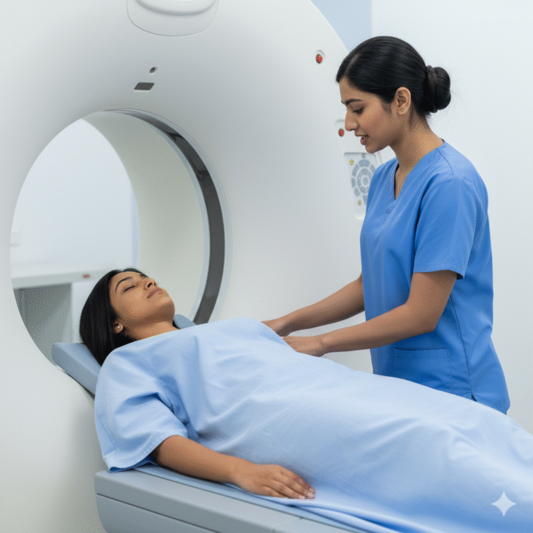 Patient being positioned for CT Scan by radiographer at Arth Diagnostics Udaipur