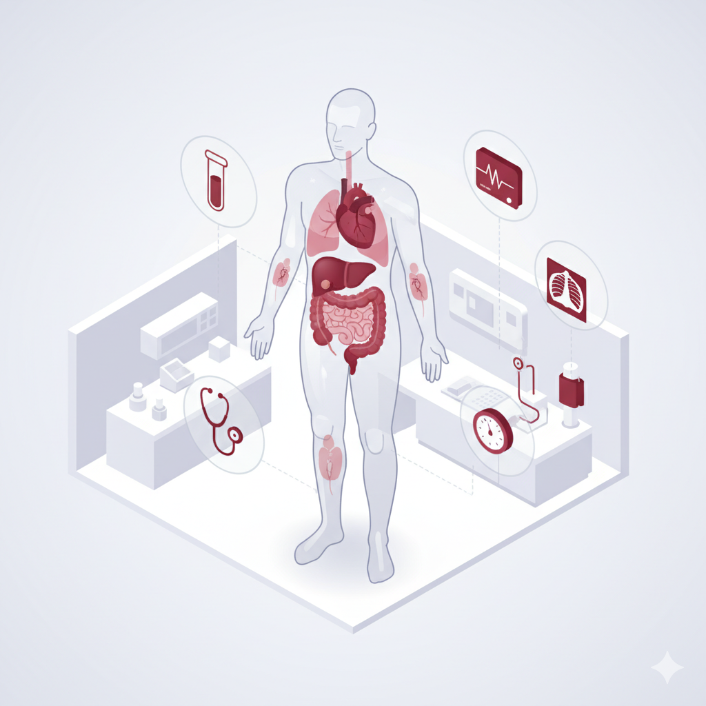 Illustration showing internal organs and diagnostic test icons used in a full body check-up in Udaipur at Arth Diagnostics.