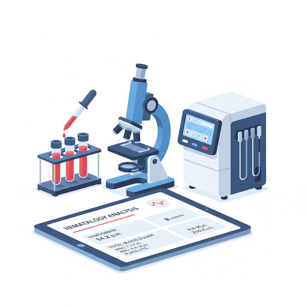 Hematology testing illustration featuring blood vials, a microscope, and an automated analyzer at a top pathology lab in Udaipur.
