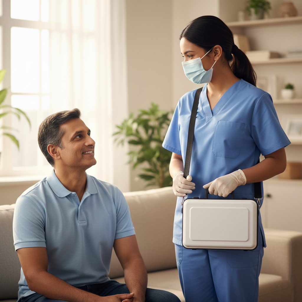 Phlebotomist visiting a patient for blood collection at home in Udaipur.