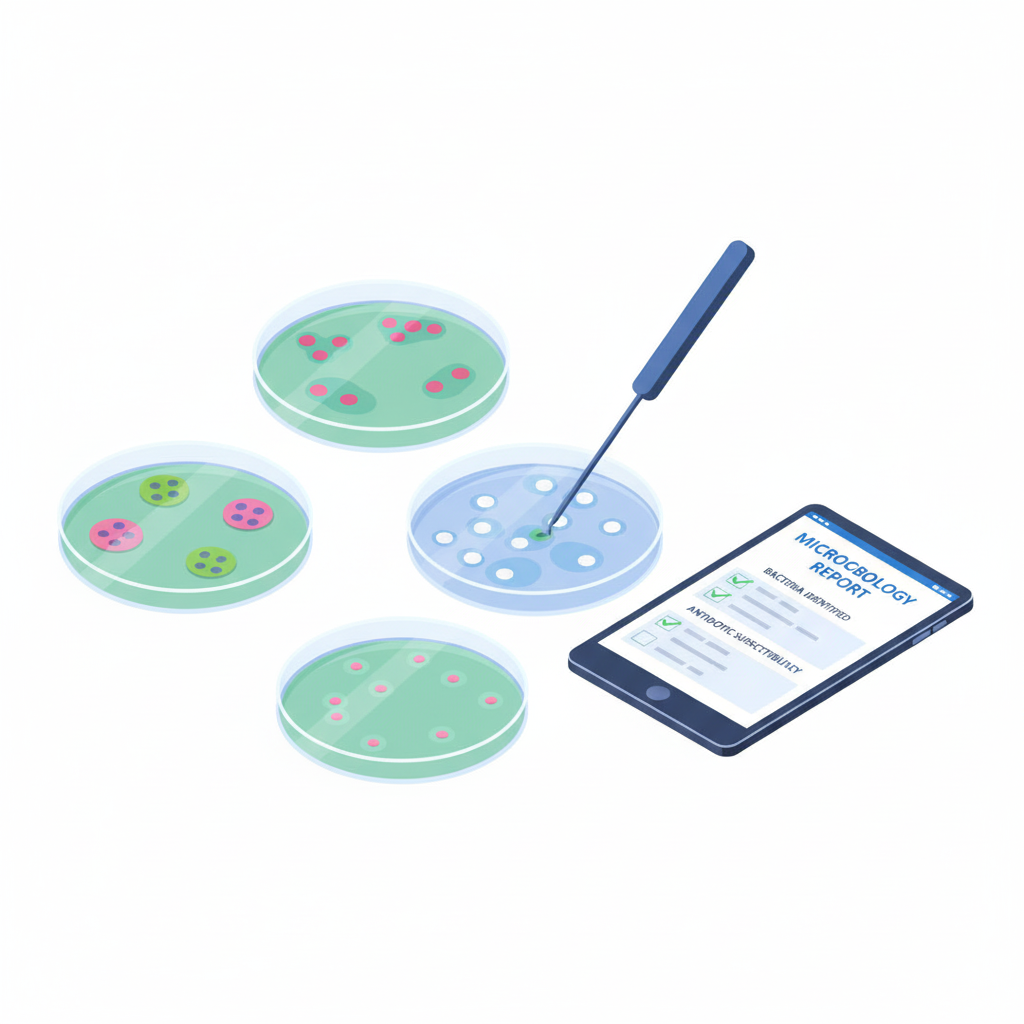 Microbiology petri dish testing for bacteria and fungi at a pathology center in Udaipur.
