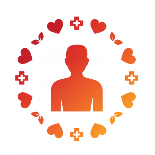 Icon of a person surrounded by health symbols representing personalized health advice after a full body check-up in Udaipur.