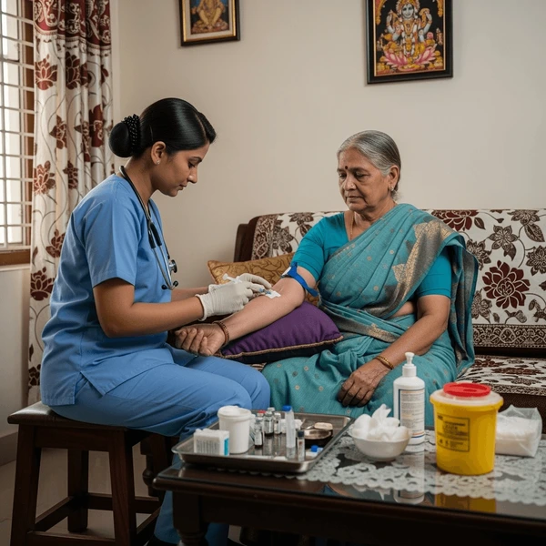 Nurse collecting a senior woman’s blood sample during home blood collection in Udaipur.