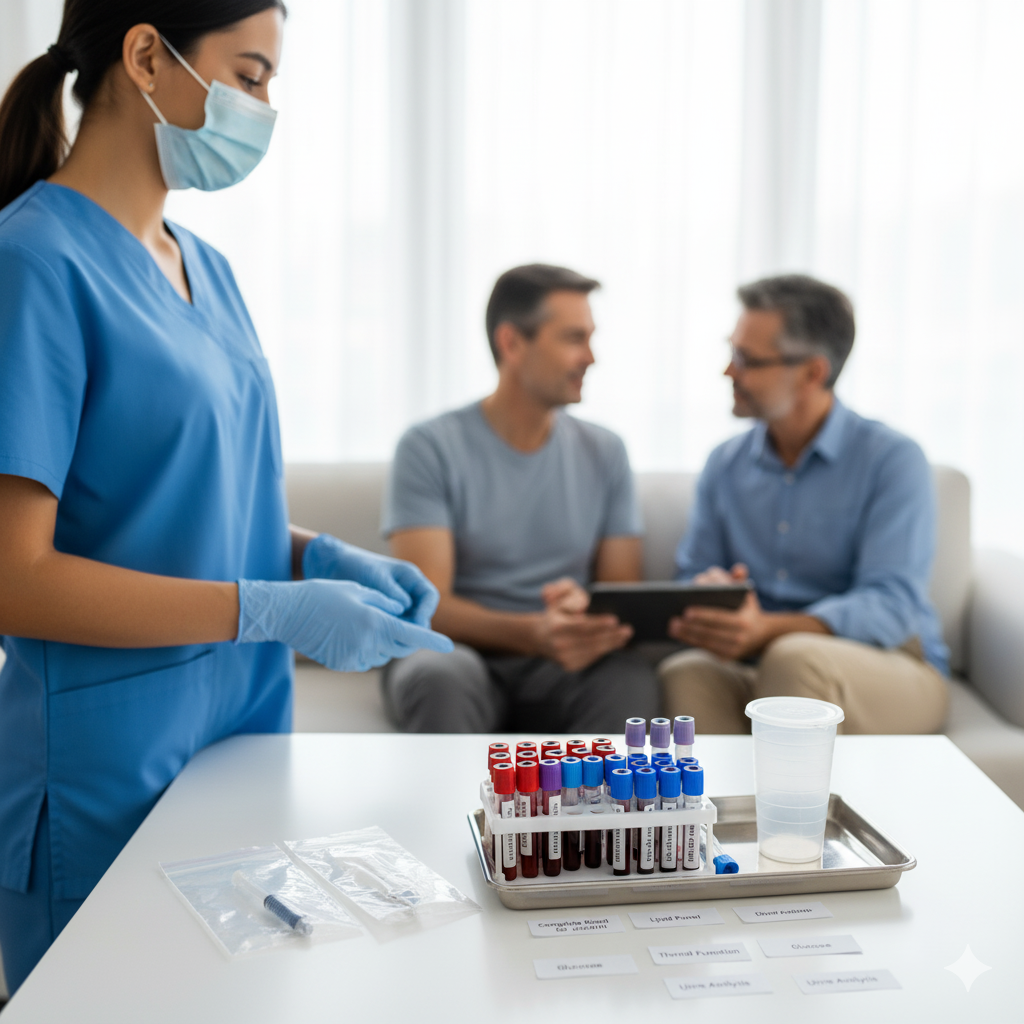 Phlebotomist preparing blood samples collected during home blood collection in Udaipur.