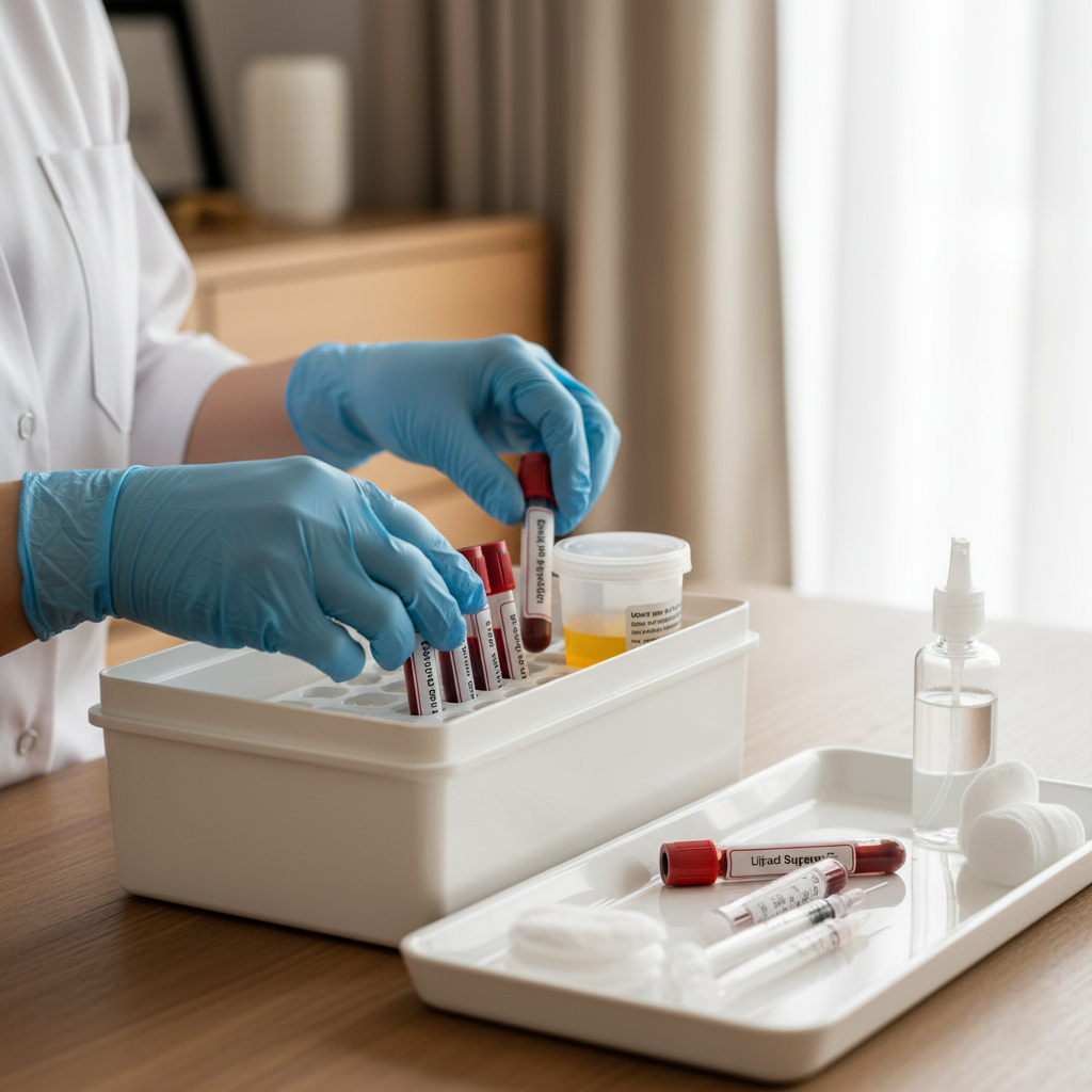 Phlebotomist safely collecting blood samples during home blood collection in Udaipur.