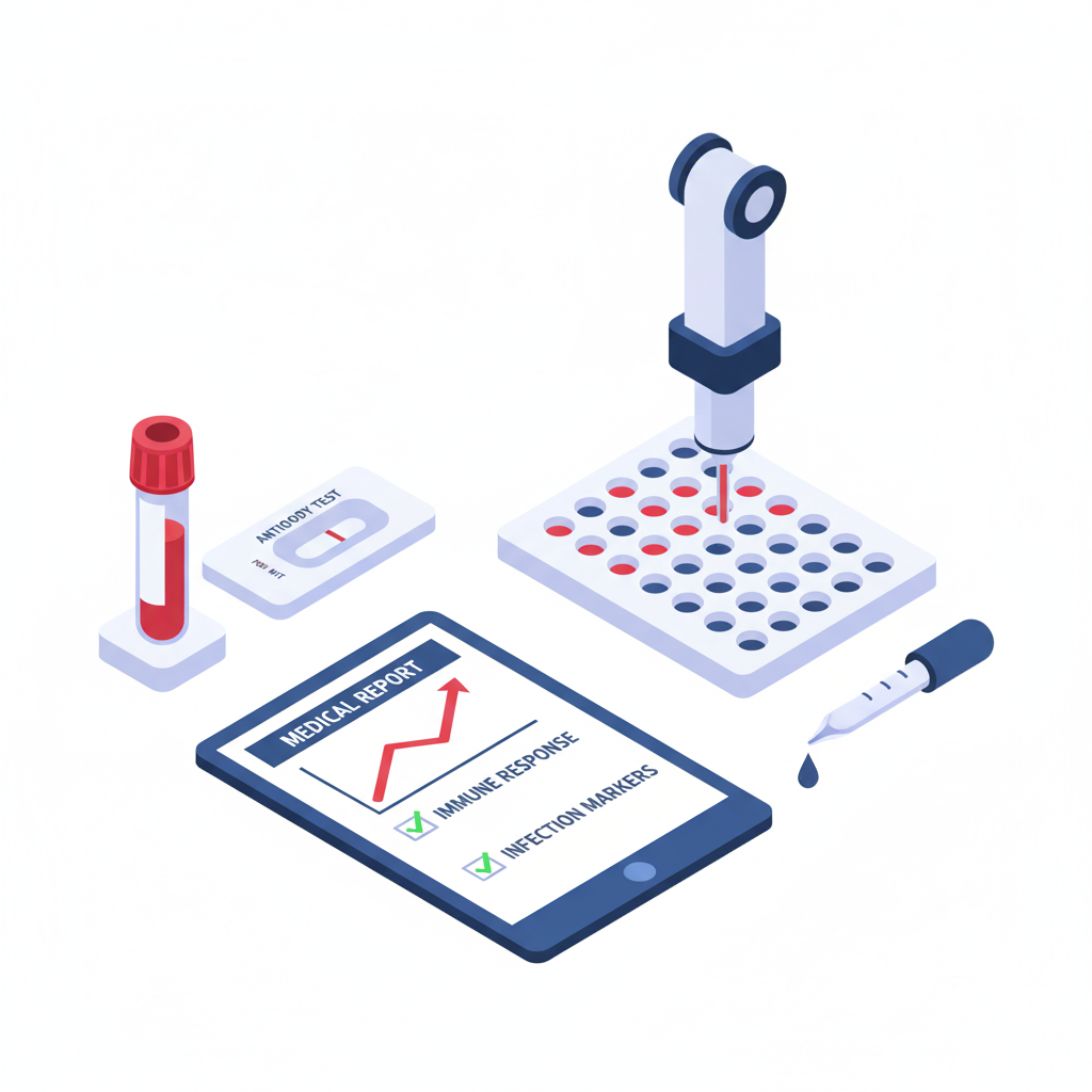 Serology testing setup with blood samples and antibody analysis at a pathology lab in Udaipur.